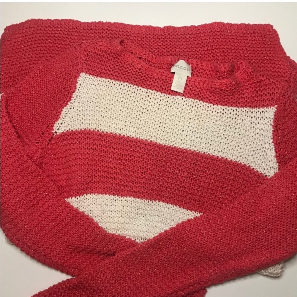 Chico's pink coral and cream sweater with chunky
stripes.